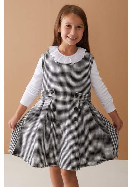 Siyah Uzun Kollu Badili Düğme Detaylı Kazayağı Kız Çocuk Elbise 18593 modelleri