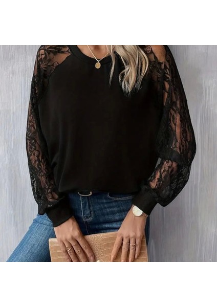 Mdb Kadın Uzun Dantel Kollu Bisiklet Yaka Viskon Bluz