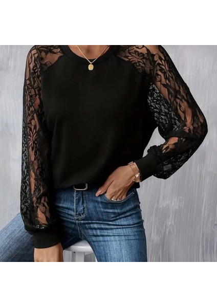 Mdb Kadın Uzun Dantel Kollu Bisiklet Yaka Viskon Bluz