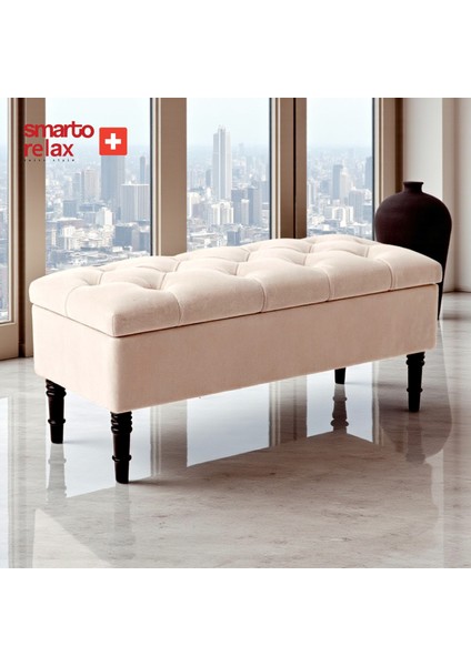 Saanen Kapitone Puf - Swiss Style Babyface Polyester Sandıklı Ahşap Ayaklı 110x40x45 cm(Bej)