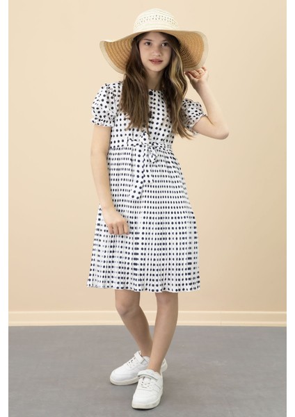 Ekru Puantiyeli Kız Çocuk Kuşaklı Kısa Kol Elbise 20651