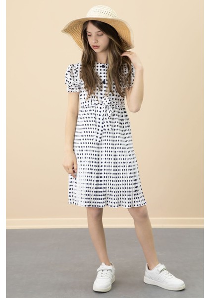 Ekru Puantiyeli Kız Çocuk Kuşaklı Kısa Kol Elbise 20651 modelleri