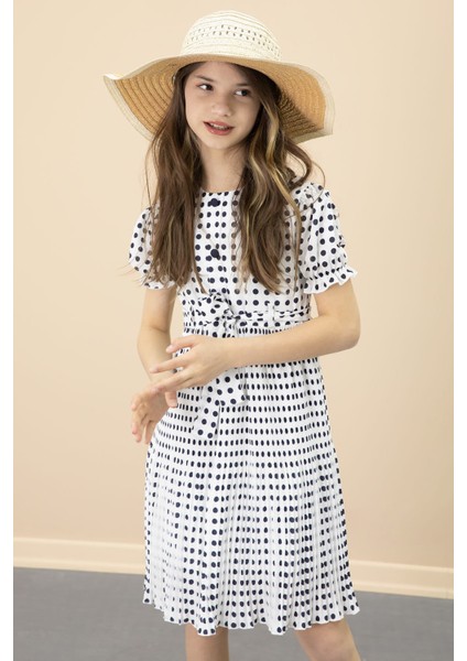Ekru Puantiyeli Kız Çocuk Kuşaklı Kısa Kol Elbise 20651 fırsatları