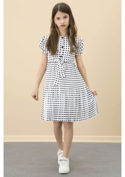 Ekru Puantiyeli Kız Çocuk Kuşaklı Kısa Kol Elbise 20651 indirimleri