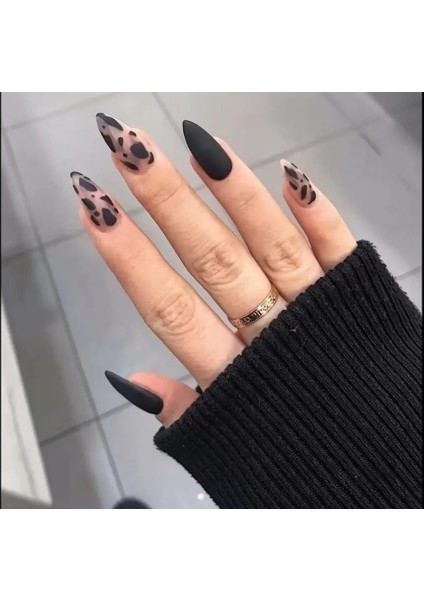 24 Adet Mat Siyah Retro Damla Şekil Leopar Desen Takma Tırnak