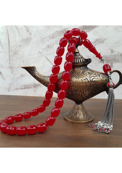 Gümüş Püskül Vişne Blok Zar Kehribar Tesbih