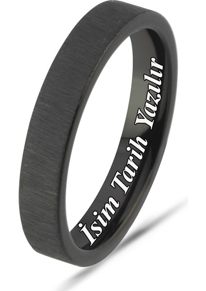 Kişiye Özel Isim Tarih Yazılı 4mm Mat Fırçalanmış Düz Unisex Çelik Yüzük Alyans CL45Y