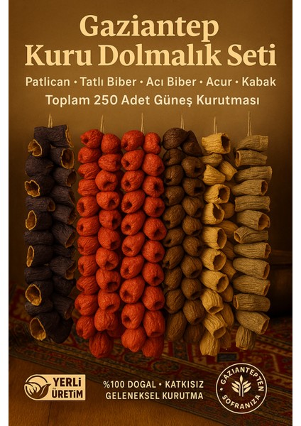 Gaziantep Kuru Dolmalık 250 Adet Patlıcan–tatlı Biber–acı Biber–kabak-Acur %100 Doğal Güneş Kurusu
