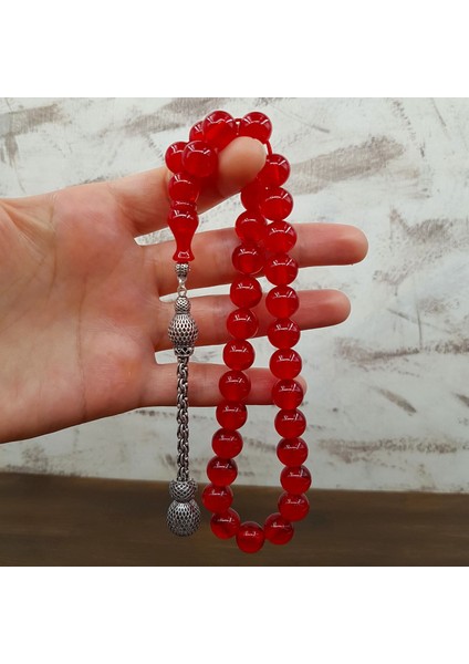 Gümüş Püskül Bayrak Kırmızısı Sıkma Kehribar Tesbih