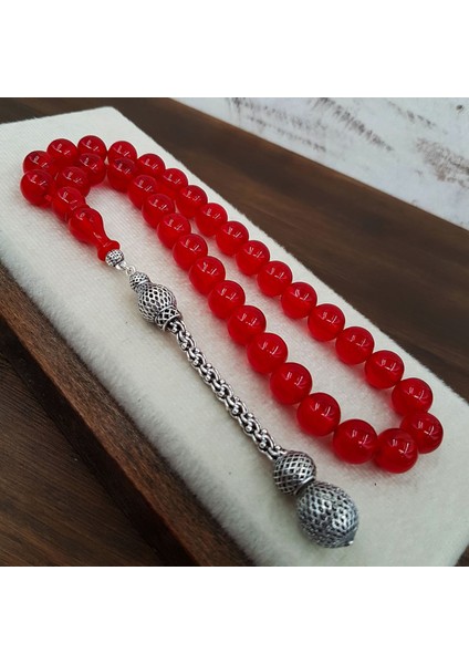 Gümüş Püskül Bayrak Kırmızısı Sıkma Kehribar Tesbih fiyatları