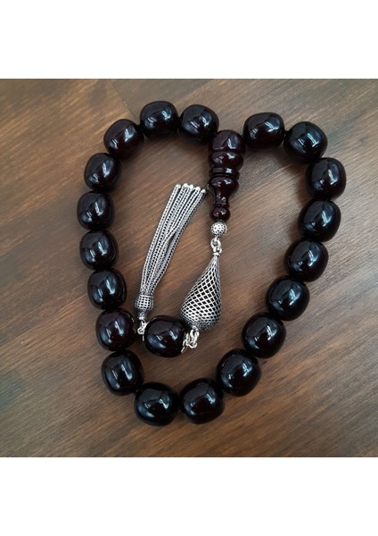 Gümüş Püskül Koyu Bordo Maskot Sıkma Kehribar Tesbih