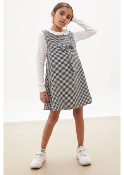 Siyah Kazayağı Desenli Fiyonklu Kız Çocuk Badili Elbise 17651 modelleri