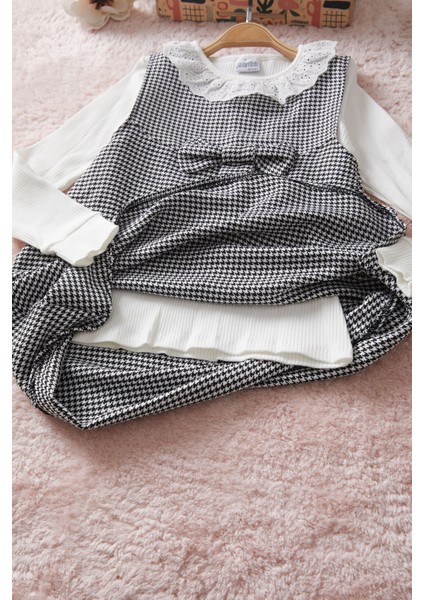 Siyah Kazayağı Desenli Fiyonklu Kız Çocuk Badili Elbise 17651 indirimleri