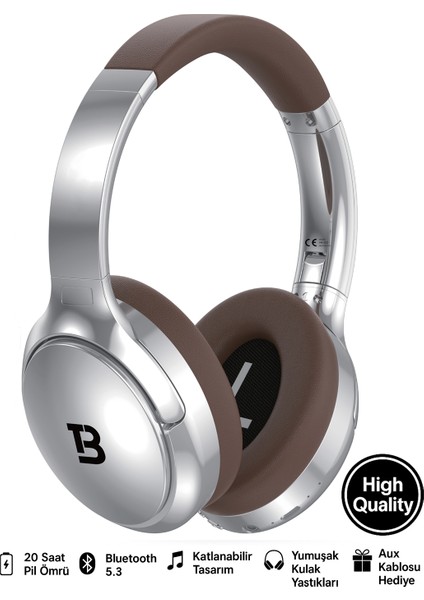 Kablosuz Kulaküstü Gümüş kahverengi Bluetooth Kulaklık Stereo-Mikrofon-Aux HK-033