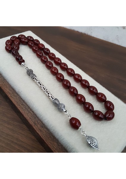 Gümüş Püskül Arpa Kesim Sıkma Kehribar Tesbih