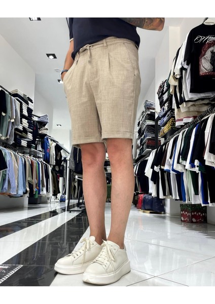 Bağcıklı Detaylı Keten Pamuk Erkek Şort