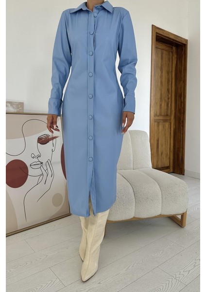 Mavi Boydan Düğmeli Deri Elbise fırsatları