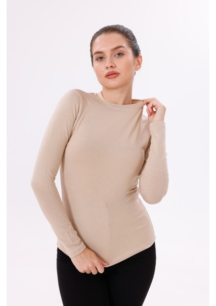 Kadın Ekru Uzun Kol Body - Bisiklet Yaka modelleri