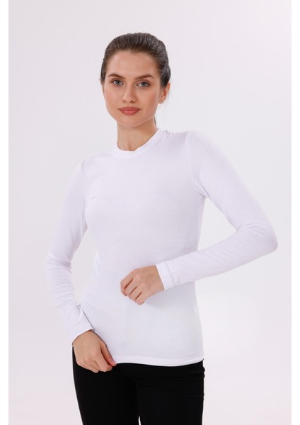 Kadın Beyaz Uzun Kol Body - Bisiklet Yaka