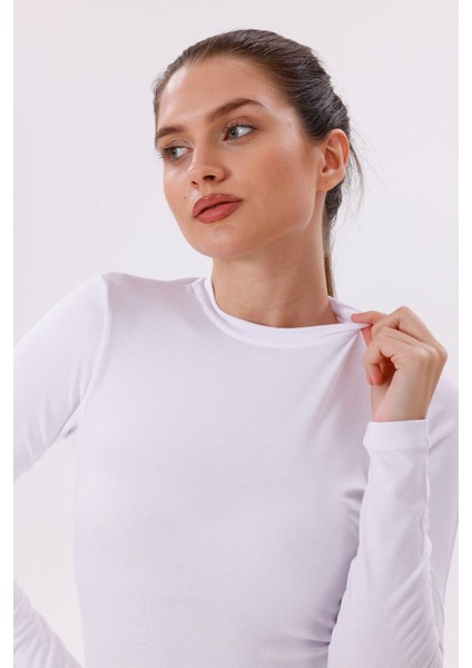 Kadın Beyaz Uzun Kol Body - Bisiklet Yaka modelleri