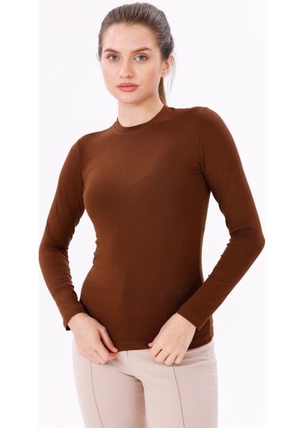 Kadın Kahverengi Uzun Kol Body - Bisiklet Yaka