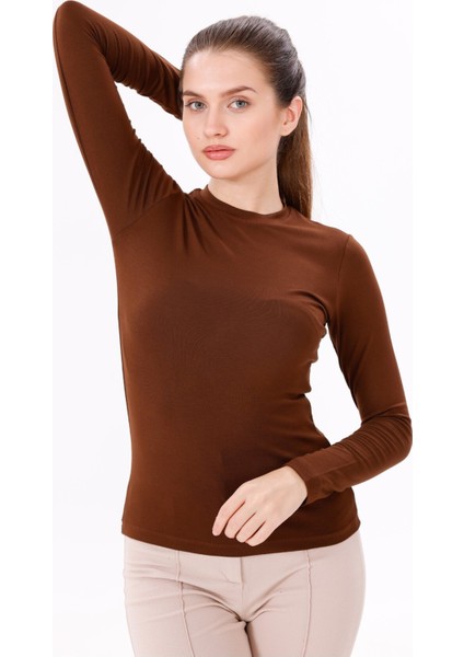 Kadın Kahverengi Uzun Kol Body - Bisiklet Yaka modelleri