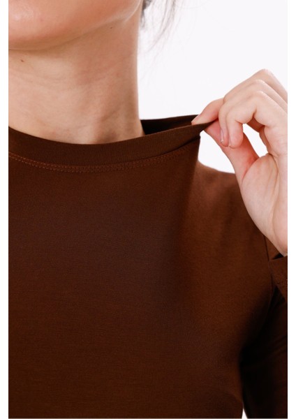 Kadın Kahverengi Uzun Kol Body - Bisiklet Yaka fırsatları