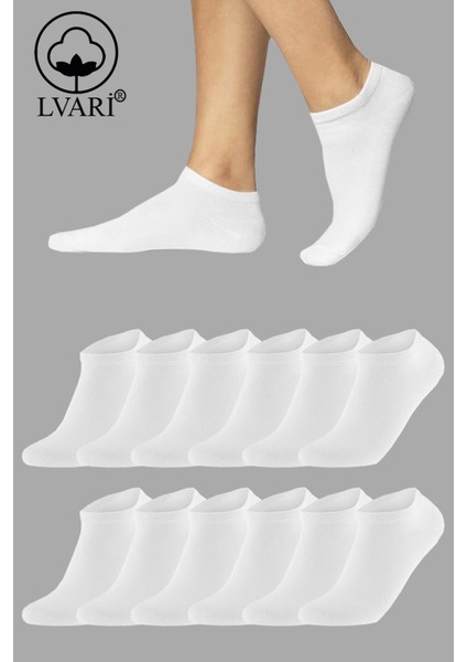 12 Çift Pamuklu Kadın Kısa Patik Çorap Beyaz
