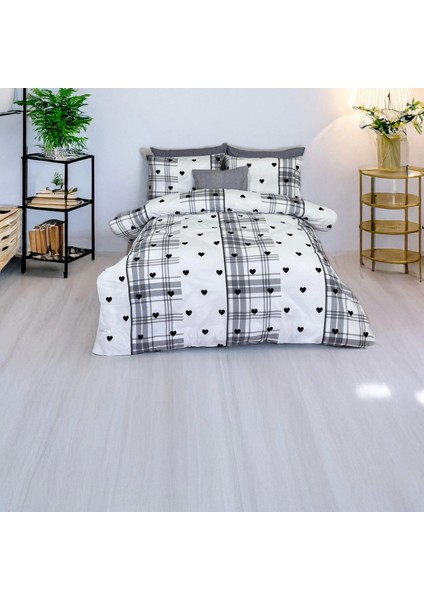 Siyah Kalp Desenli Gri Kareli Nevresim Takımı – Çift Kişilik, %100 Pamuk, Yumuşak Dokulu