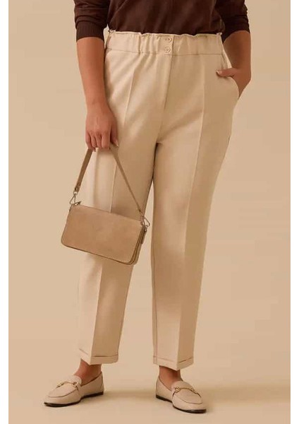 Kadın Büyük Beden Elastik Bel Bilek Boy Pantolon - Bej