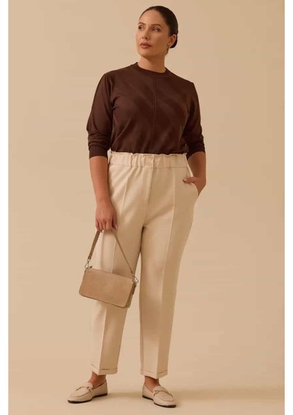 Kadın Büyük Beden Elastik Bel Bilek Boy Pantolon - Bej modelleri