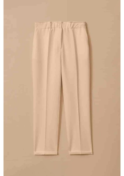 Kadın Büyük Beden Elastik Bel Bilek Boy Pantolon - Bej