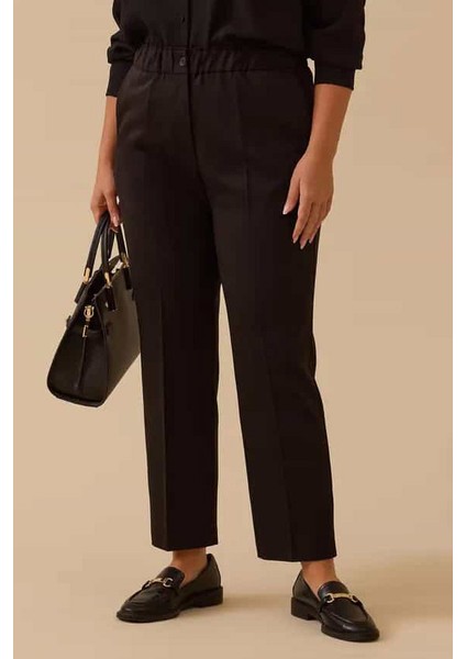 Kadın Büyük Beden Tek Düğmeli Düz Paça Pantolon - Siyah