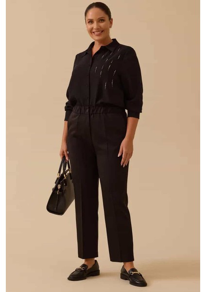 Kadın Büyük Beden Tek Düğmeli Düz Paça Pantolon - Siyah modelleri