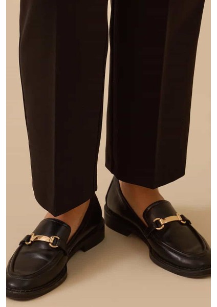 Kadın Büyük Beden Tek Düğmeli Düz Paça Pantolon - Siyah indirimleri