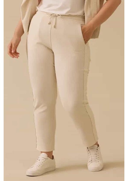 Kadın Büyük Beden Fitilli Bilek Boy Pantolon - Bej