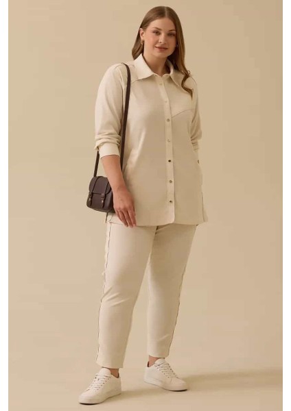 Kadın Büyük Beden Fitilli Bilek Boy Pantolon - Bej modelleri