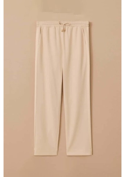 Kadın Büyük Beden Fitilli Bilek Boy Pantolon - Bej