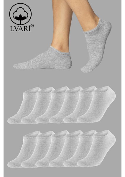 12 Çift Pamuklu Kadın Kısa Patik Çorap Gri
