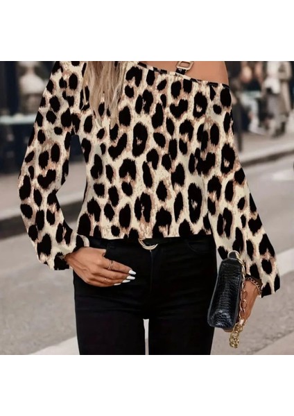 Mdb Kadın Uzun Kollu Tek Omuzu Açık Tokalı Leopar Desenli Modal Bluz