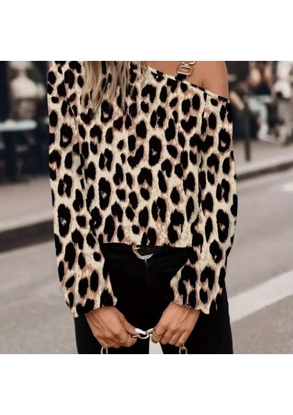 Mdb Kadın Uzun Kollu Tek Omuzu Açık Tokalı Leopar Desenli Modal Bluz fiyatları