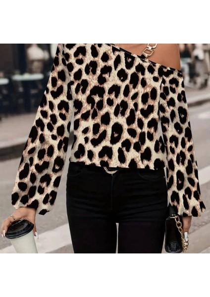 Mdb Kadın Uzun Kollu Tek Omuzu Açık Tokalı Leopar Desenli Modal Bluz modelleri