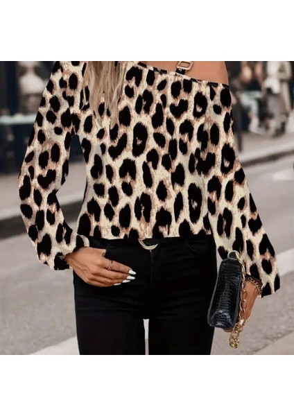 Mdb Kadın Uzun Kollu Tek Omuzu Açık Tokalı Leopar Desenli Modal Bluz fırsatları