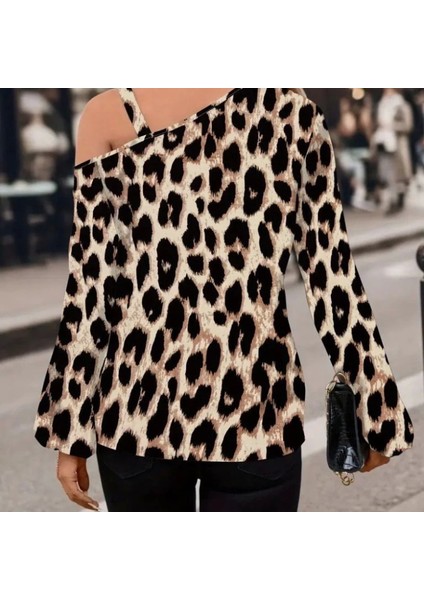 Mdb Kadın Uzun Kollu Tek Omuzu Açık Tokalı Leopar Desenli Modal Bluz indirimleri
