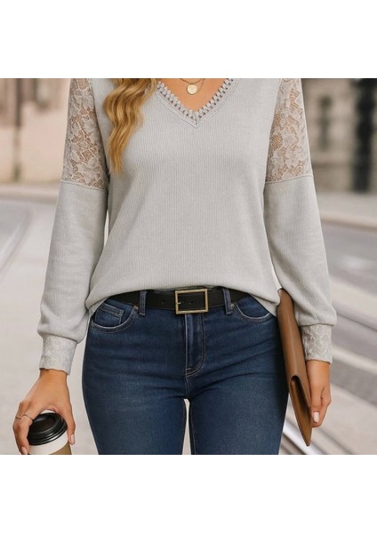 Mdb Kadın Uzun Kollu V Yakalı Dantelli Waffle Bluz fiyatları