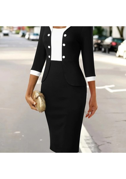 Mdb Kadın Truvakar Kol Çift Renkli Düğmeli Kısa Ithal Krep Elbise fiyatları