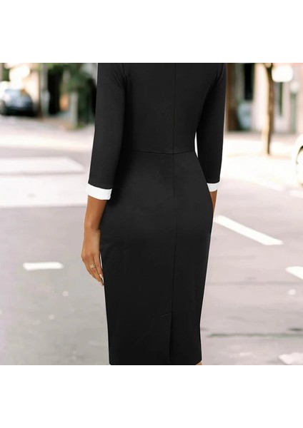 Mdb Kadın Truvakar Kol Çift Renkli Düğmeli Kısa Ithal Krep Elbise modelleri