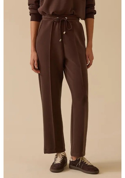 Kadın Elastik Bel Bağcıklı Şerit Detaylı Pantolon - Kahverengi