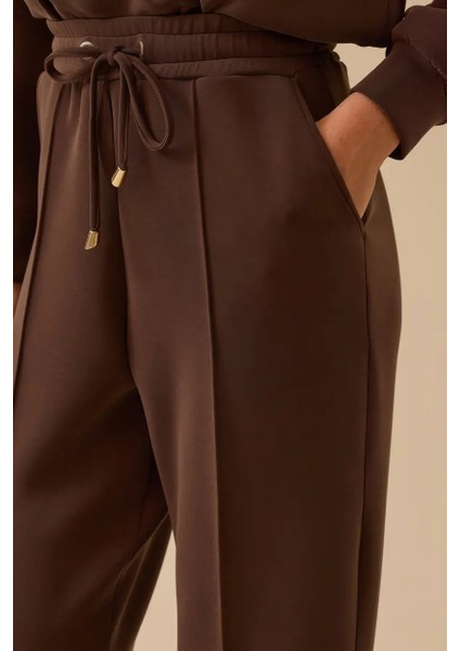 Kadın Elastik Bel Bağcıklı Şerit Detaylı Pantolon - Kahverengi modelleri