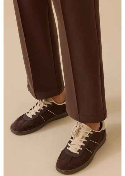 Kadın Elastik Bel Bağcıklı Şerit Detaylı Pantolon - Kahverengi fırsatları